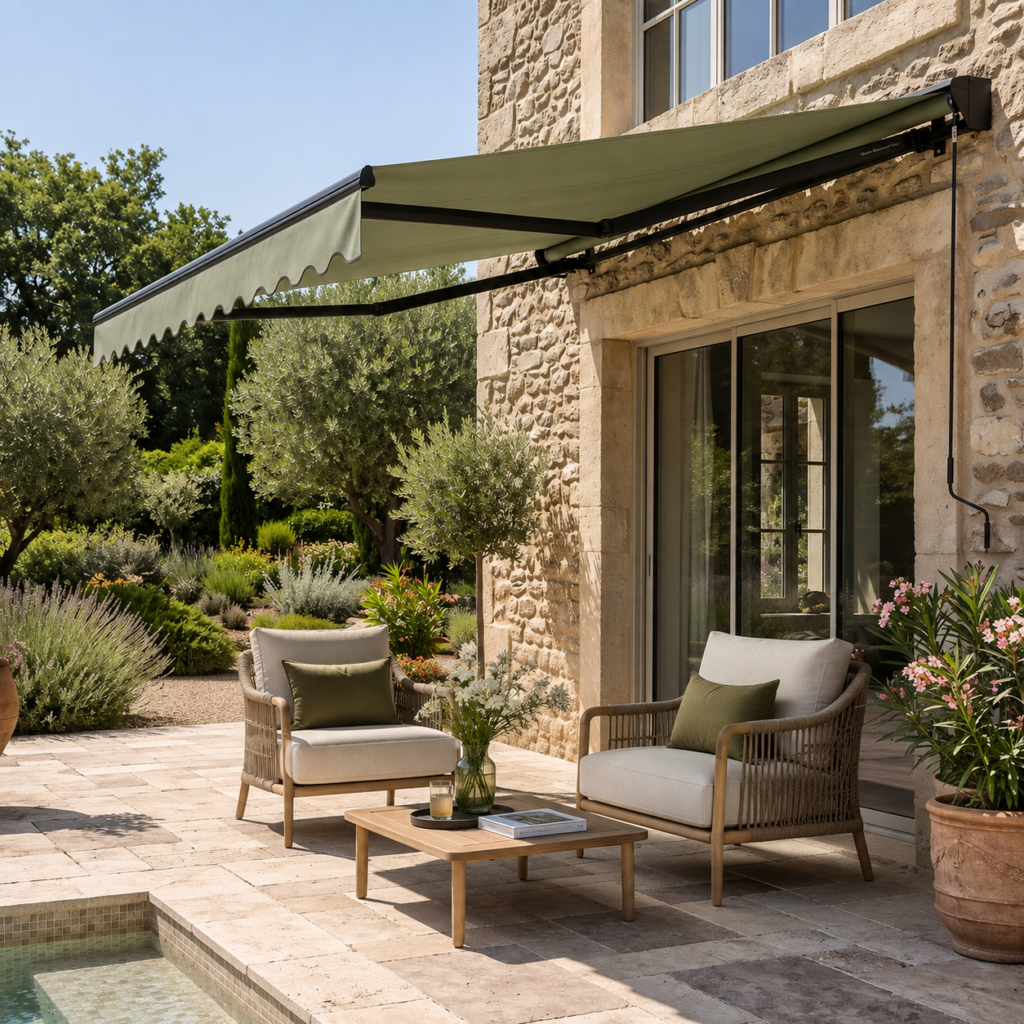 Store banne vert clair déployé sur une terrasse en pierre avec fauteuils en osier, table basse et vue sur une piscine à débordement.