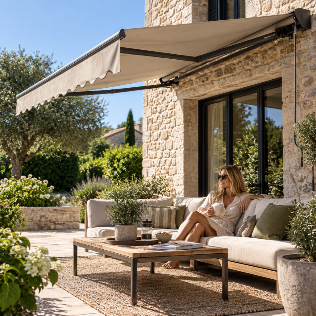 Store banne beige déployé sur une terrasse en pierre avec canapé d'angle, table basse et pots de plantes méditerranéennes.