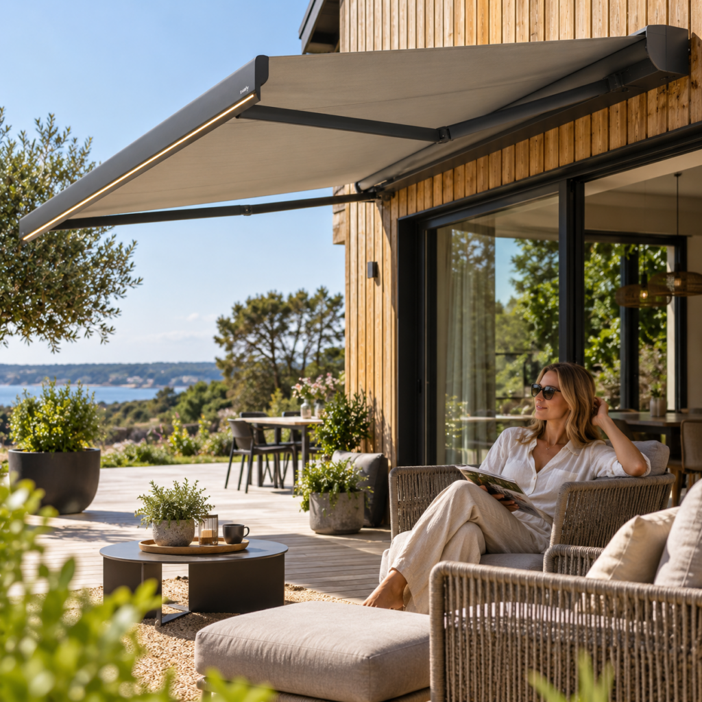 Store banne gris déployé sur une terrasse en bois avec fauteuils en osier, coussins beige et vue sur la mer en arrière-plan.