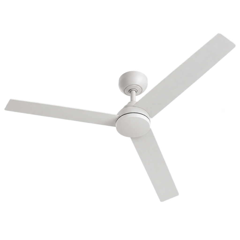 Ventilateur de plafond blanc à 3 pales fines et droites, suspendu sur fond blanc.