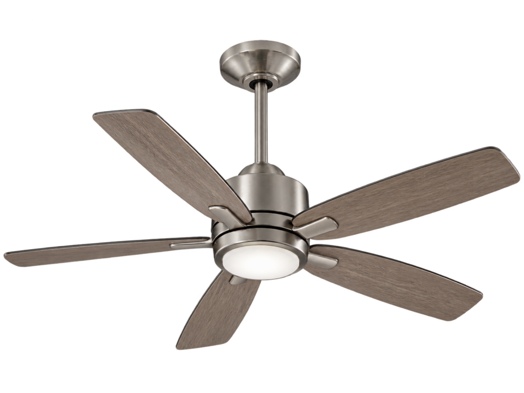 Ventilateur de plafond moderne à 5 pales en bois, avec éclairage LED intégré et moteur central en métal brossé.
