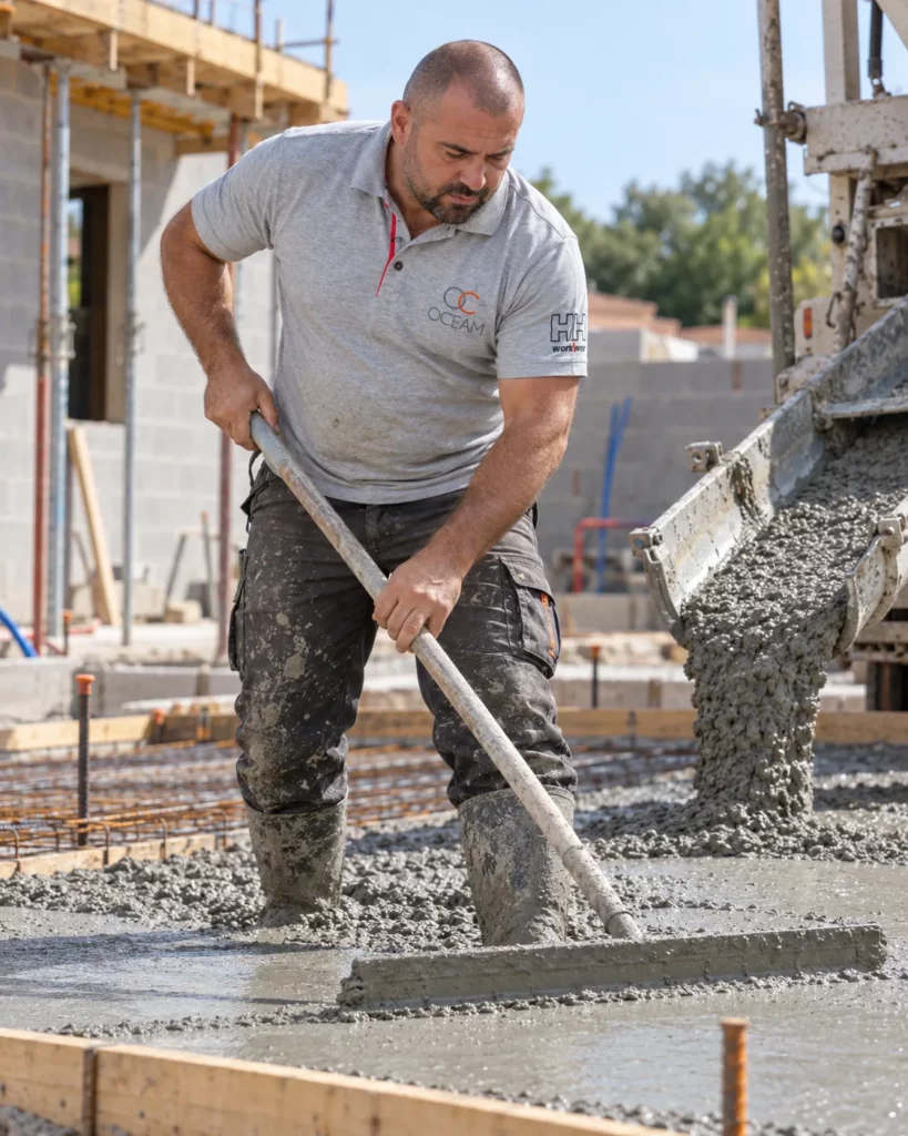 Maçon OCEAM tirant une dalle de béton frais à la règle sur un chantier de rénovation près de Guérande